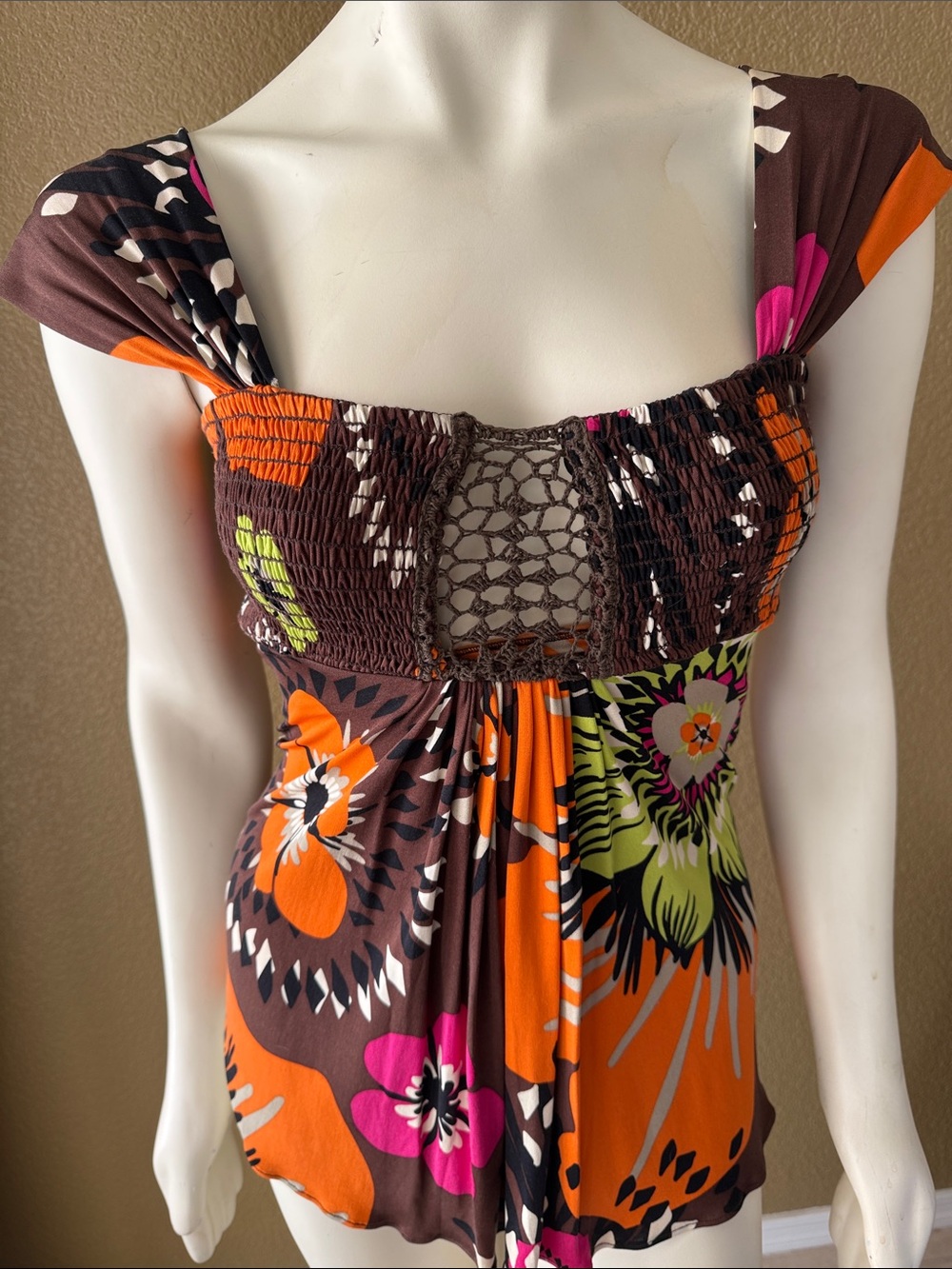 Brown Floral Empire-Waist Topwith Crochet Detail